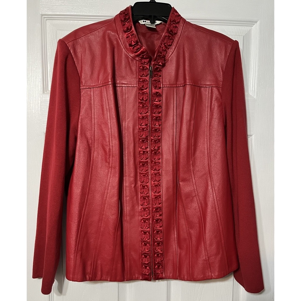 Red Women's Leather-Front Jacket with Embellished Trim